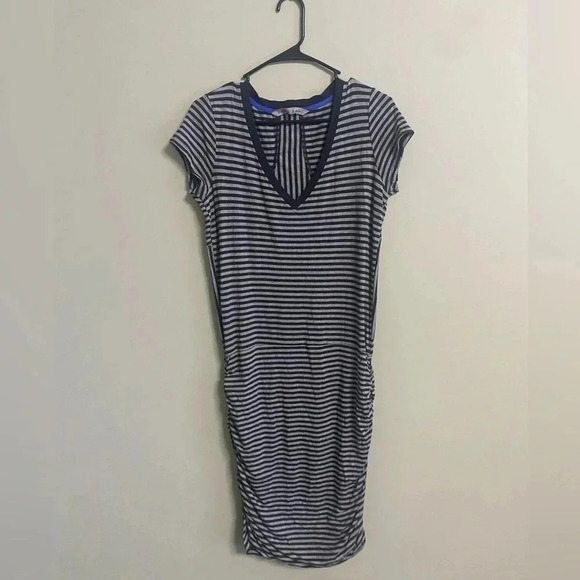 Athleta Small  TOPANGA Dress S Black Heather Gray Striped Jersey V-Neck Ruched - Picture 1 of 7